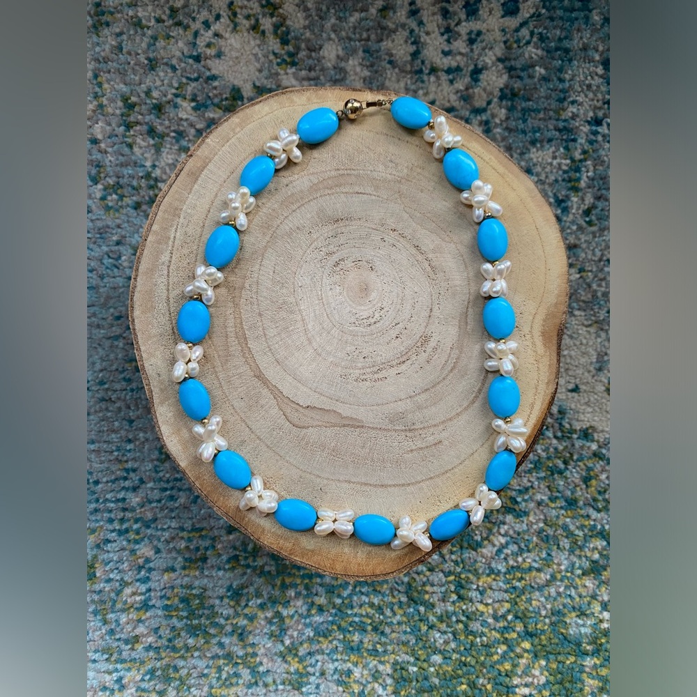 Vintage 90s turquoise beaded pearl drop necklace